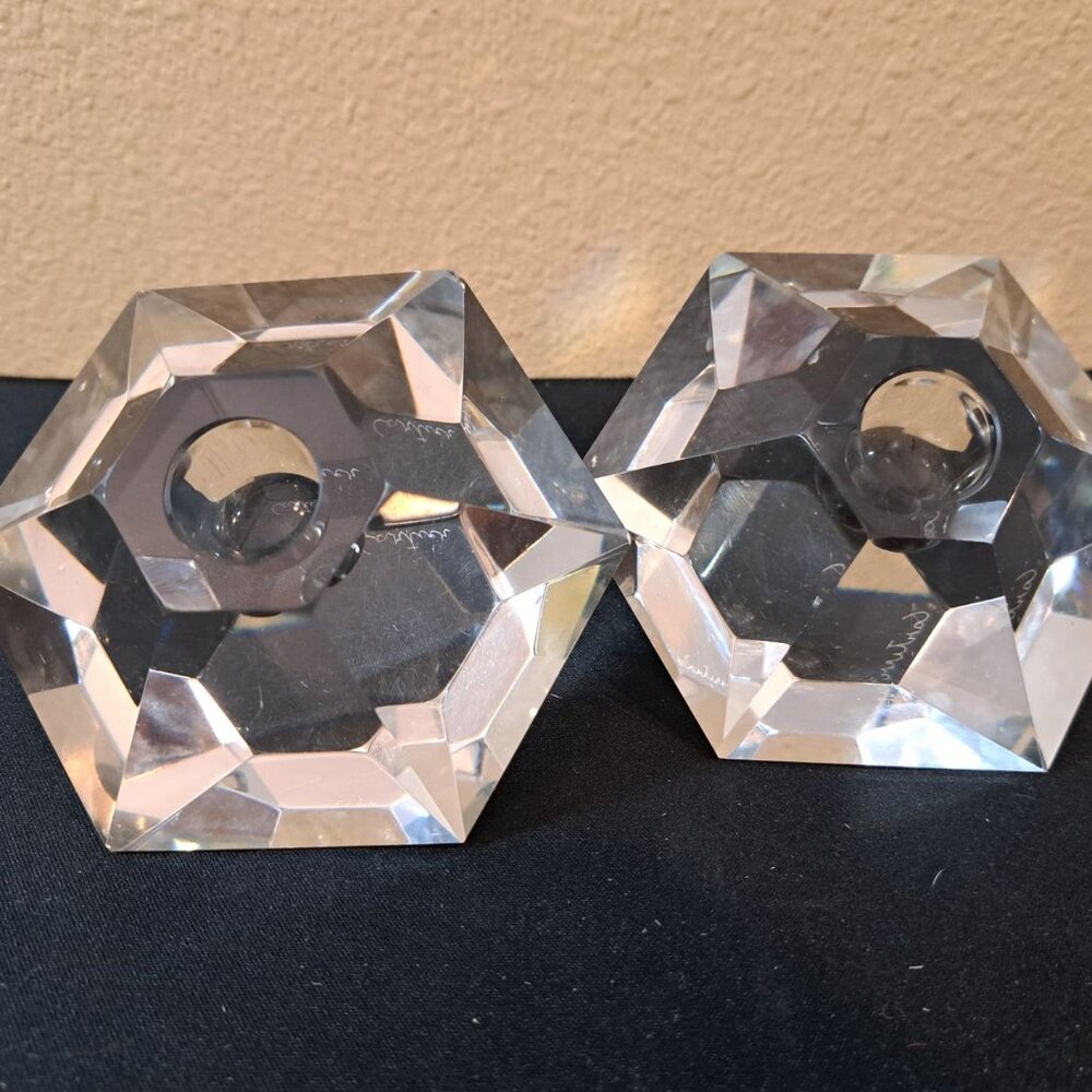 Cartier Cut Crystal Hexagonal Candle Holders, Pair